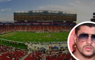 Photo collage featuring Puerto Rican artist Bad Bunny and Levi’s Stadium