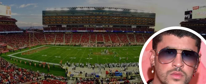 Photo collage featuring Puerto Rican artist Bad Bunny and Levi’s Stadium